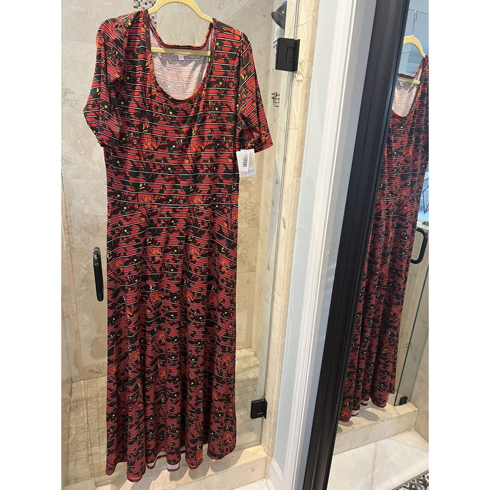 LuLaRoe Ana Maxi Dress Maroon Red Floral Rose Stripe 3XL 3X Plus Size New